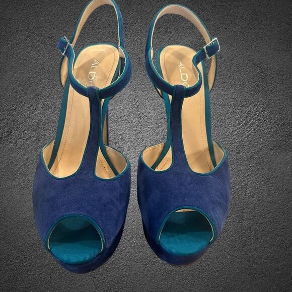 Aldo detamble Women’s size 9.5 EU 40 B Blue suede Ankle Strap 4” inch high heel - Picture 2 of 11